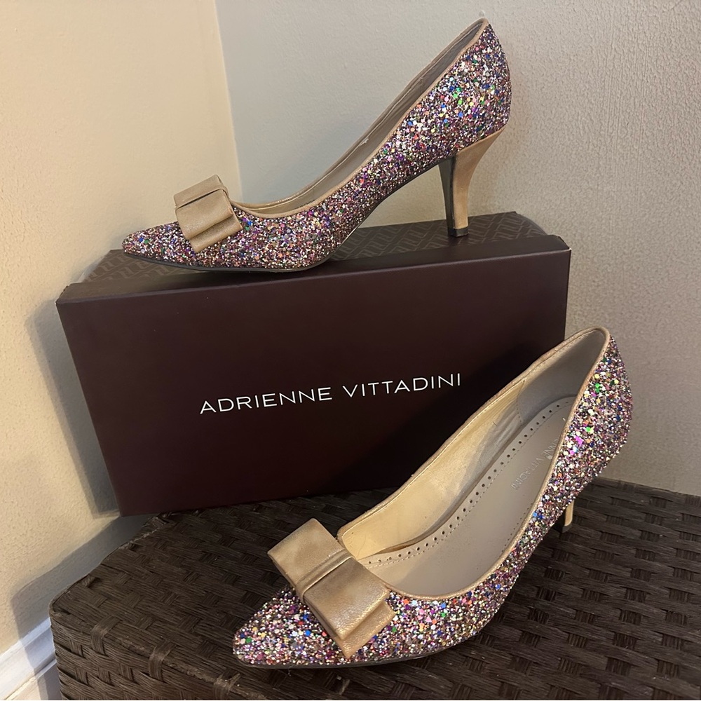 Adrienne Vittadini Glitter Heels with Gold Bow